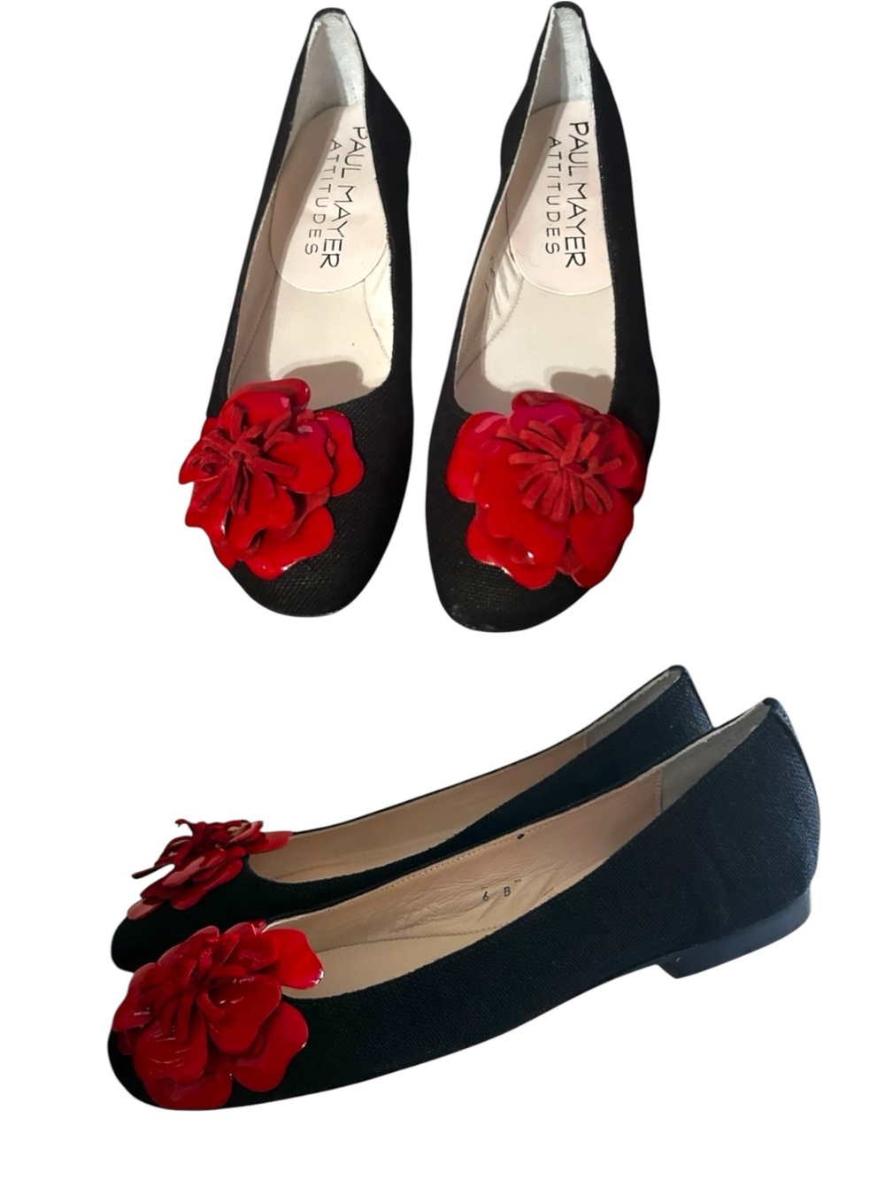 Paul Mayer Luxury Handcrafted Textured Black Flats w/Vibrant Red Floral Appliqué